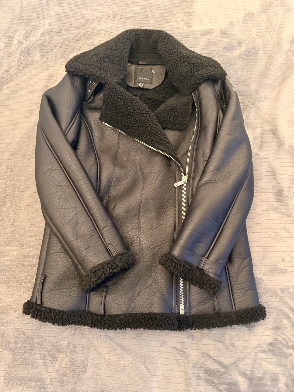 Mauritius Kady Black Faux Shearling Aviator Moto Jacket Size M NWOT
